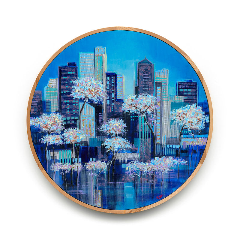 Round cityscape painting